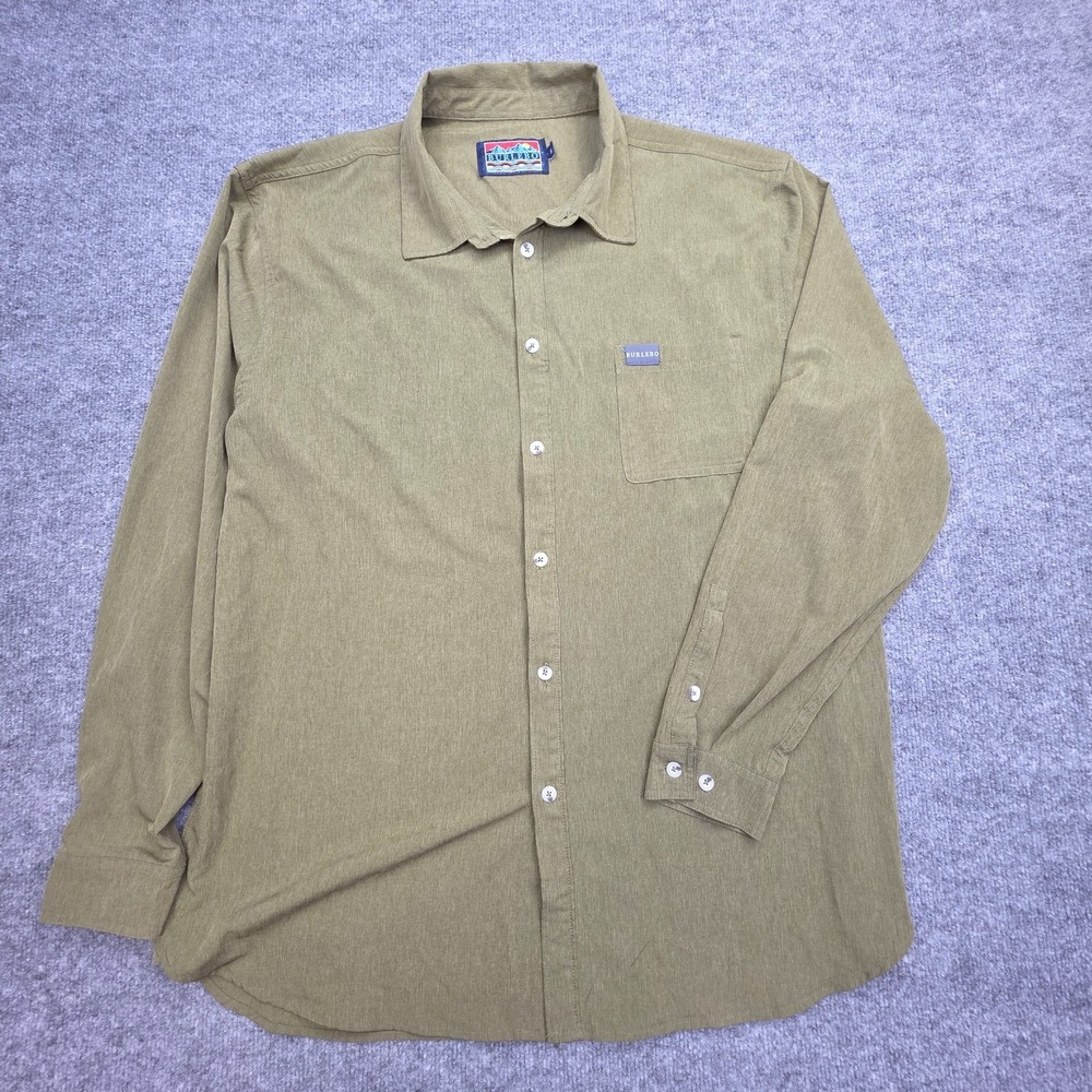 Burlebo Button Up Shirt Men's XL Olive Green Long Sleeve Poly Stretch
